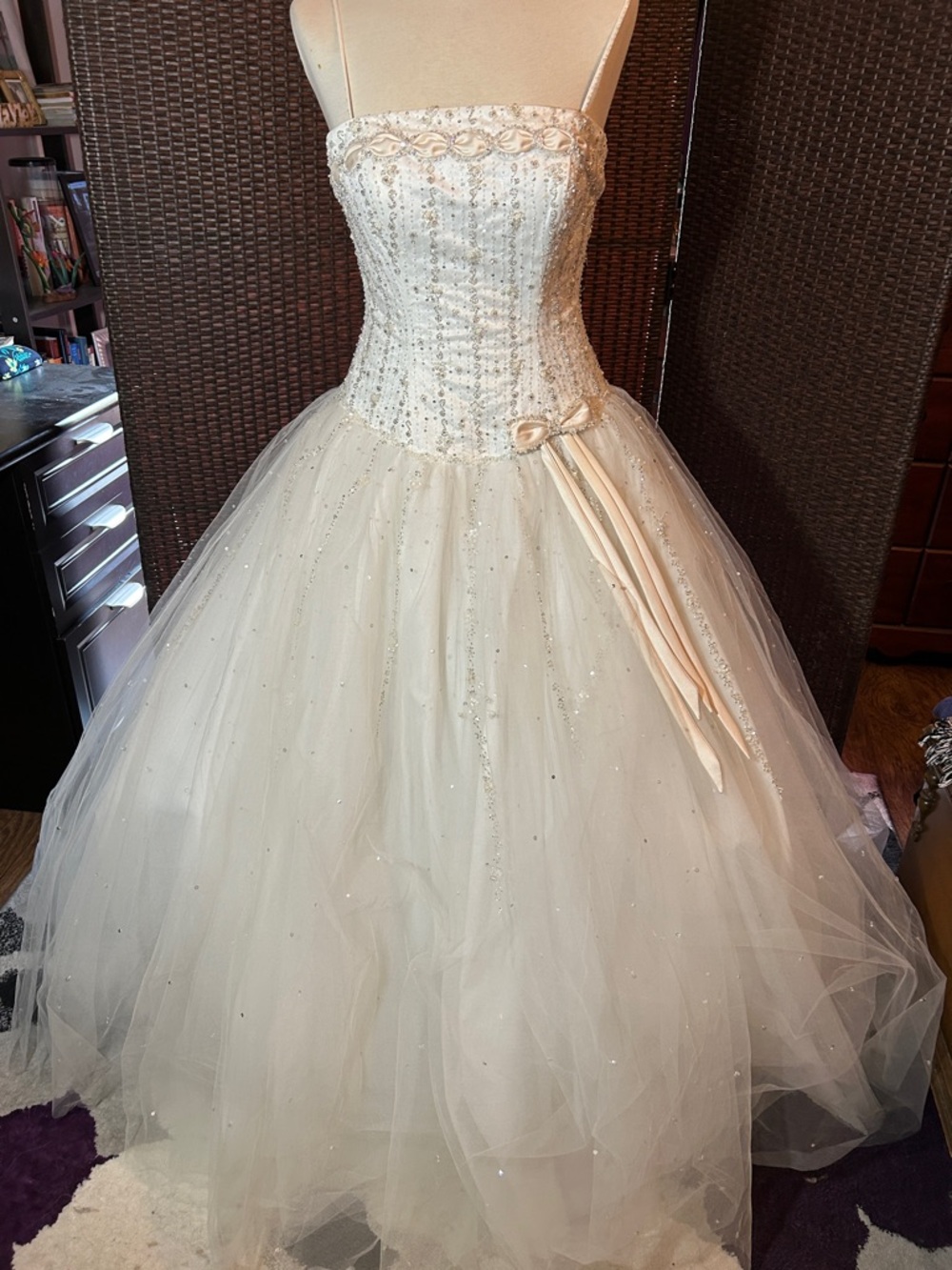 Ivory Sparkle Tulle Ball Gown Prom Dress with Spaghetti Straps